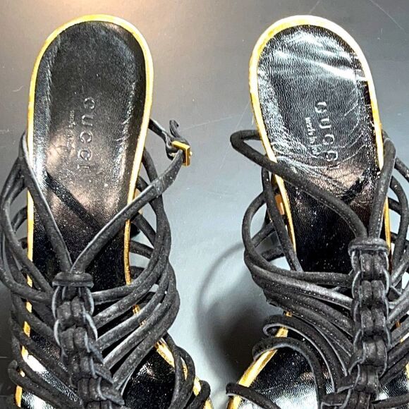Gucci Gold & Black Rope Heels With Buckle Closure. Pre-Owned. Size 38.5 (8.5) - Picture 3 of 16